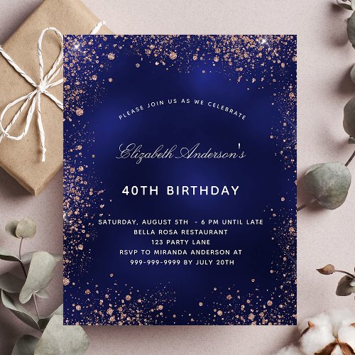 Birthday navy blue rose gold budget invitation flyer