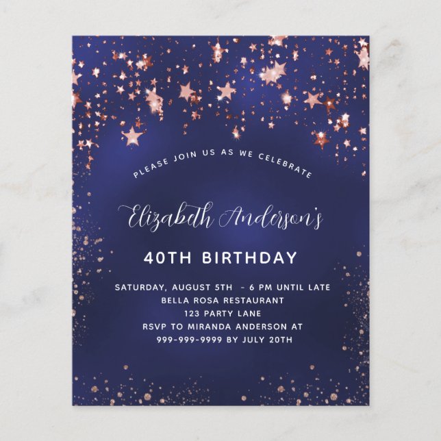 Birthday navy blue rose gold budget invitation flyer (Front)
