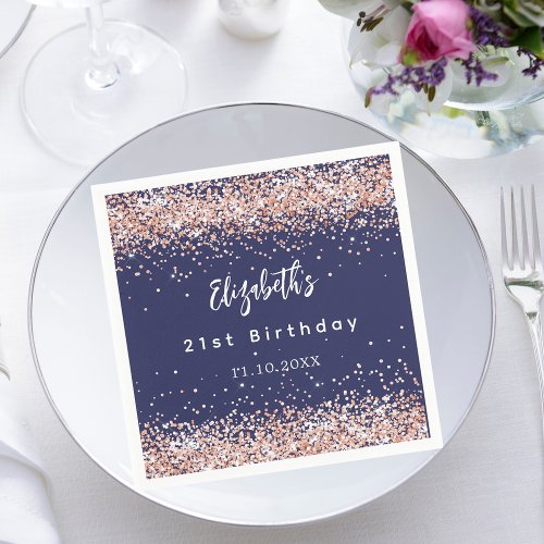 Birthday navy blue rose gold confetti napkins