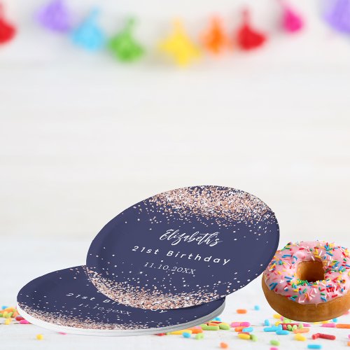 Birthday navy blue rose gold confetti paper plates