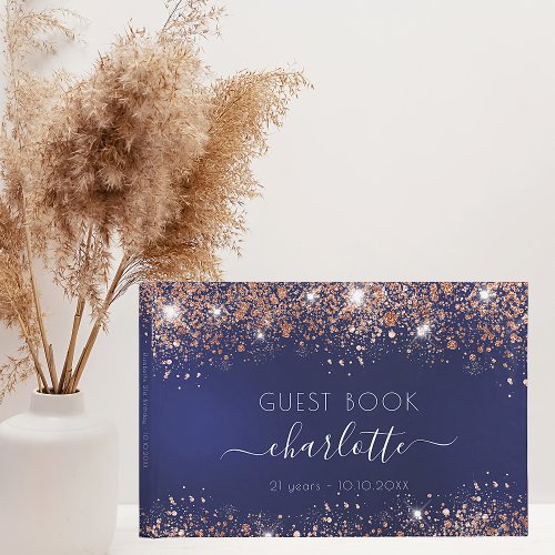 Birthday navy blue rose gold glitter name guest book