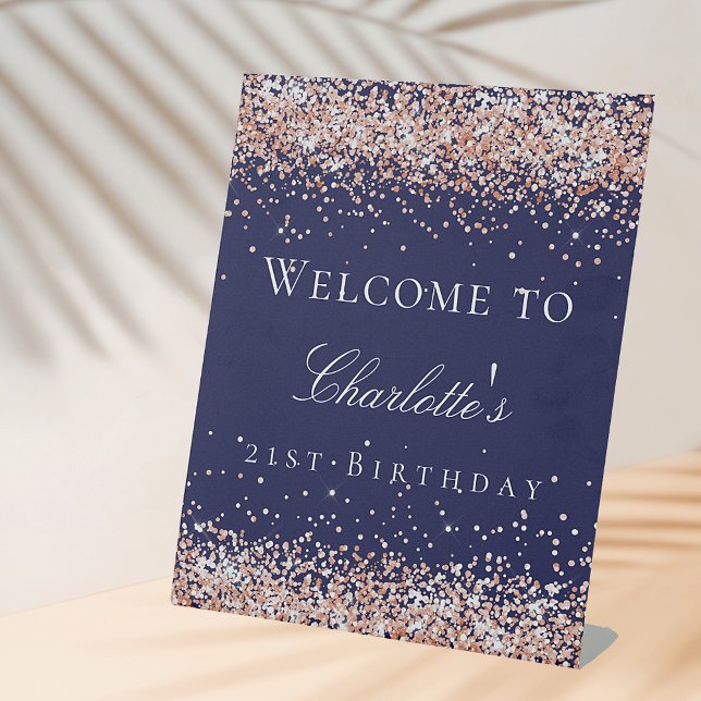 Birthday navy blue rose gold glitter welcome pedestal sign (Creator Uploaded)