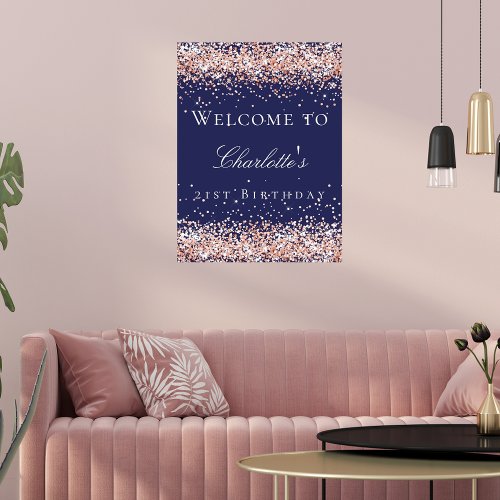 Birthday navy blue rose gold glitter welcome  poster