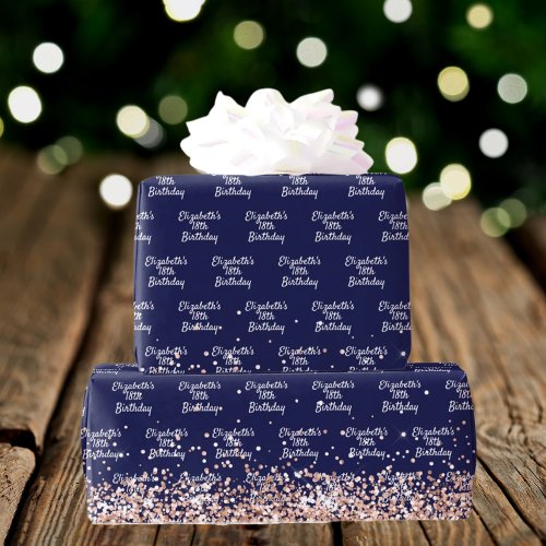 Birthday navy blue rose gold name elegant wrapping paper