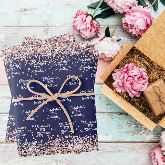 Birthday navy blue rose gold name elegant wrapping paper sheets (Creator Uploaded)