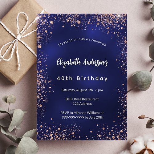 Birthday navy blue rose gold sparkles glamorous invitation