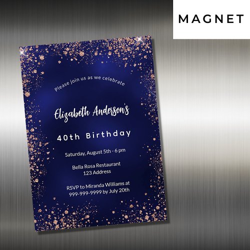 Birthday navy blue rose gold sparkles luxury magnetic invitation