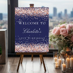 Birthday navy blue rose gold welcome  foam board<br><div class="desc">A welcome board for a girly and glamorous 21st (or any age) birthday party.  A navy blue background decorated with rose gold confetti.   Personalize and add a name and age 21.  White letters. 
Back: no design</div>