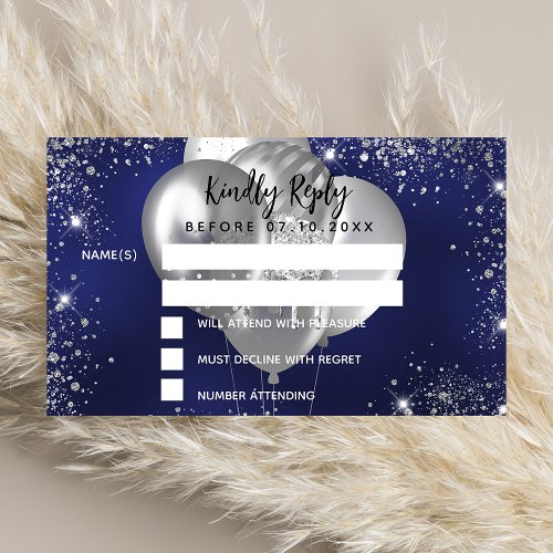 Birthday navy blue silver balloons party RSVP Enclosure Card