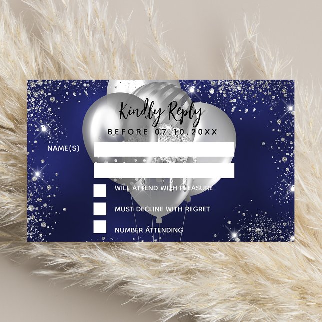 Birthday navy blue silver balloons party RSVP Enclosure Card (Creator Uploaded)