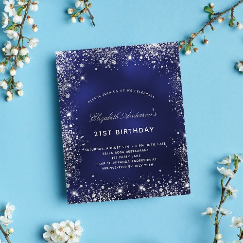 Birthday navy blue silver dust budget invitation flyer