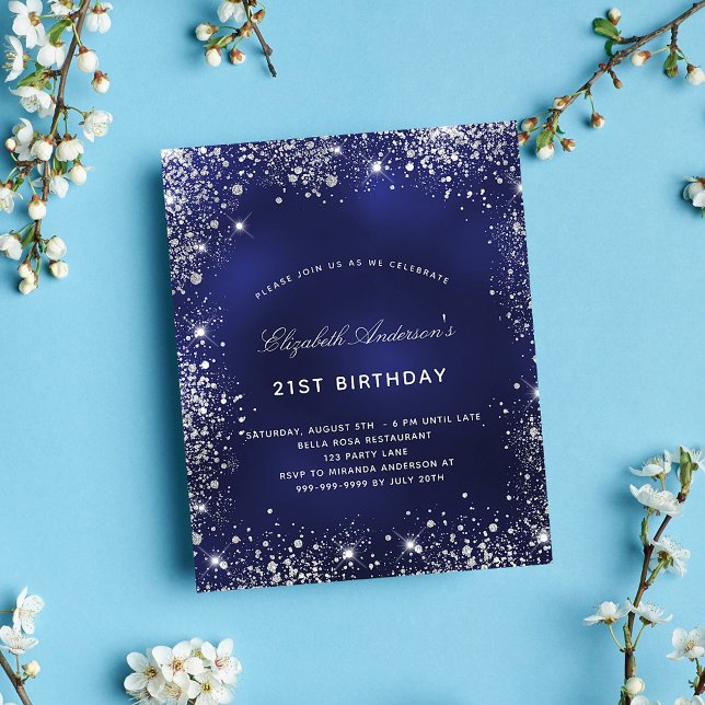 Birthday navy blue silver dust budget invitation flyer (Creator Uploaded)