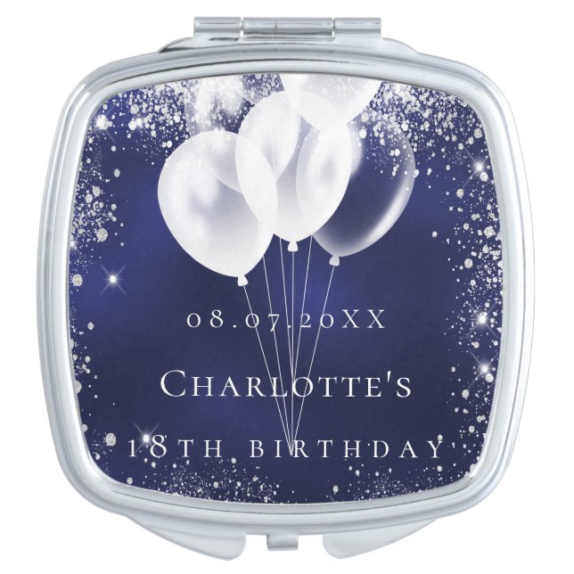 Birthday navy blue silver glitter balloons compact mirror (Front)