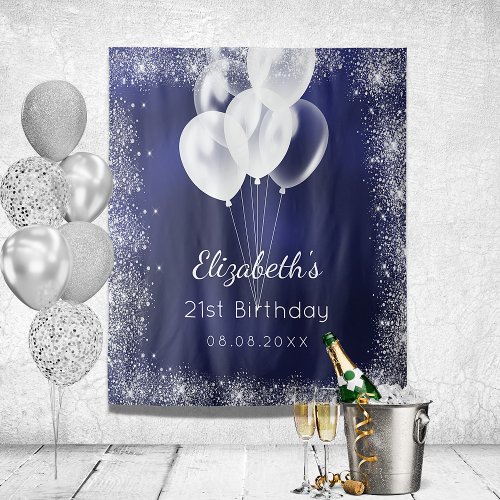 Birthday navy blue silver glitter balloons name tapestry