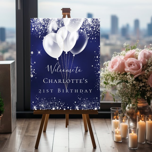 Birthday navy blue silver glitter balloons welcome foam board (Creator Uploaded)