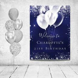 Birthday navy blue silver glitter balloons welcome poster