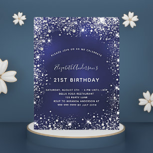 Birthday navy blue silver glitter dust glam invitation postcard
