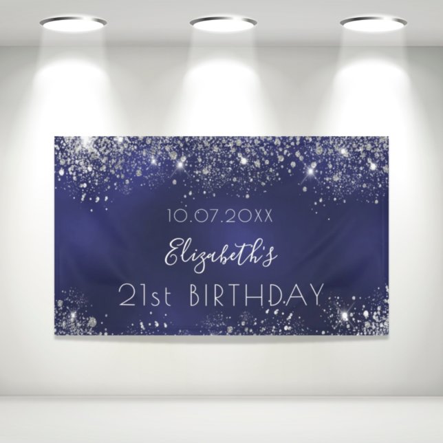 Birthday navy blue silver glitter dust monogram banner (Creator Uploaded)