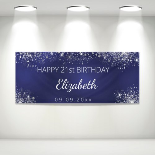 Birthday navy blue silver glitter dust monogram banner