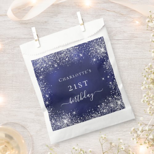 Birthday navy blue silver glitter dust monogram favor bag