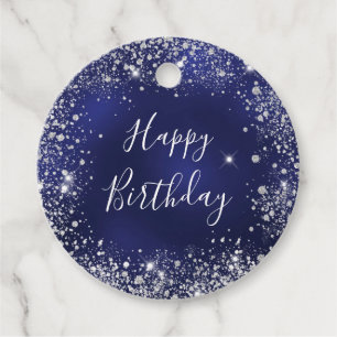 Birthday navy blue silver glitter dust monogram favor tags