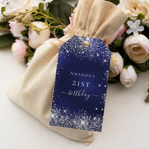 Birthday navy blue silver glitter dust monogram gift tags