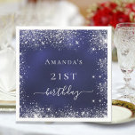 Birthday navy blue silver glitter dust monogram napkins<br><div class="desc">A napkin for a girly and glamorous 21st (or any age) birthday party.  A navy blue background with elegant faux silver dust. The blue color is uneven.  Personalize and add a name and age 21.  White letters.</div>
