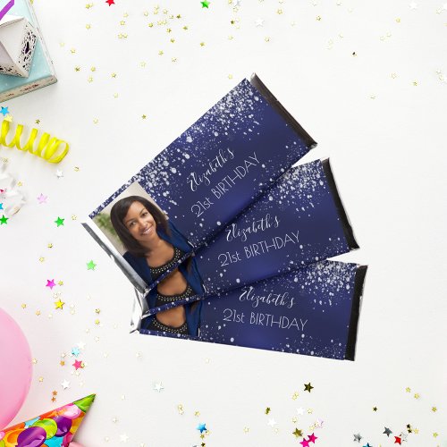 Birthday navy blue silver glitter dust photo hershey bar favors