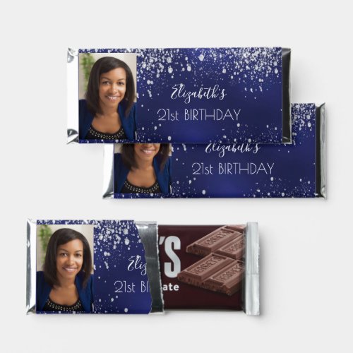 Birthday navy blue silver glitter dust photo hershey bar favors