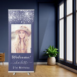 Birthday navy blue silver glitter dust photo retractable banner<br><div class="desc">Elegant, glamorous and feminine for a 16th (or any age) birthday party. Navy blue background, decorated with faux silver glitter dust. Personalize and add a name, age 16, date of birth and the date of the anniversary. Template for your own vertical sized photo. With the text: Welcome! Girly and elegant!...</div>
