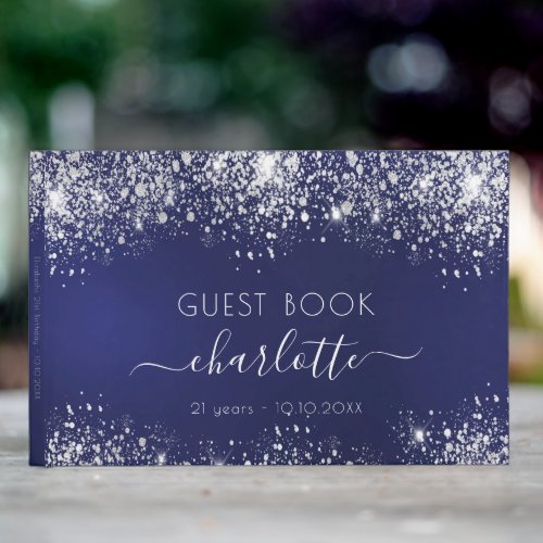 Birthday navy blue silver glitter monogram guest book