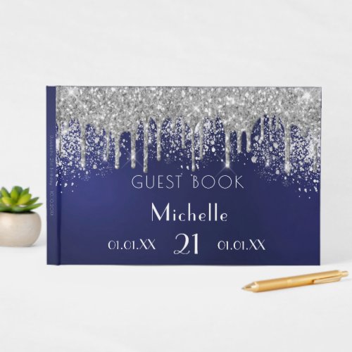 Birthday navy blue silver glitter monogram  guest book