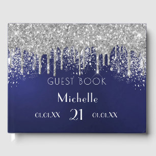 Birthday navy blue silver glitter monogram  guest book