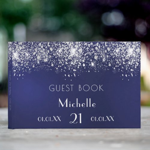 Birthday navy blue silver glitter monogram guest book