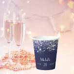 Birthday navy blue silver glitter monogram paper cups<br><div class="desc">For a glamorous and girly for a 21st (or any age) birthday party.  A navy blue background. The blue color is uneven. On the front and the back: Personalize and add a name,  age 21 and a date.   Decorated with faux silver glitter dust. White colored text.</div>
