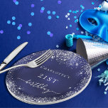 Birthday navy blue silver glitter monogram paper plates<br><div class="desc">For a girly and glamorous 21st (or any age) birthday party.  A navy blue background with elegant faux silver dust. The blue color is uneven.  Personalize and add a name and age 21.  White letters.</div>