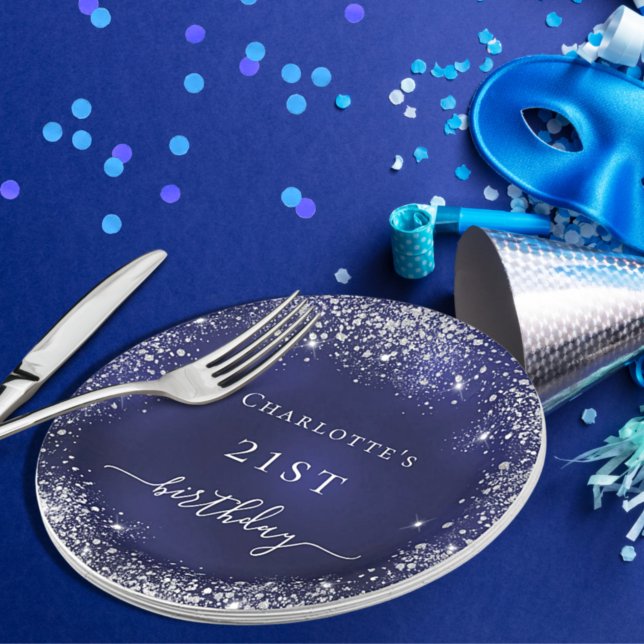 Birthday navy blue silver glitter monogram paper plates (Creator Uploaded)