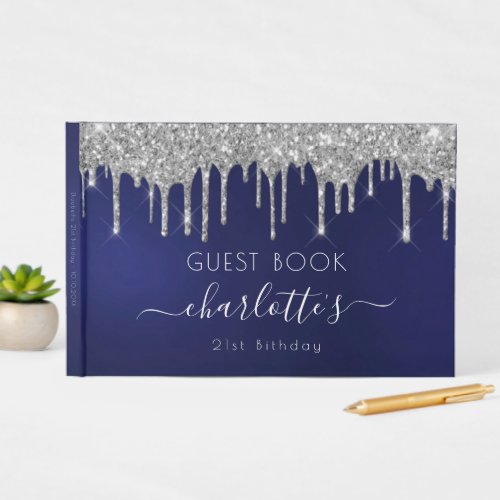 Birthday navy blue silver glitter monogram script guest book