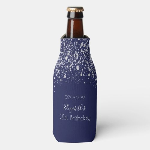 Birthday navy blue silver glitter name bottle cooler