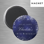 Birthday navy blue silver glitter name magnet<br><div class="desc">For a 18th (or any age) birthday. Navy blue backround,  the blue color is uneven. Decorated with faux silver glitter. Personalize and add a date,  name and age/event.  White letters. Can be used as keepsake,  party favor or as a Save the Date for your guests.</div>