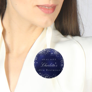 Birthday navy blue silver glitter name tag button