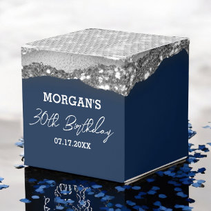 Birthday Navy Blue Silver Glitter Name Thank You Favor Boxes