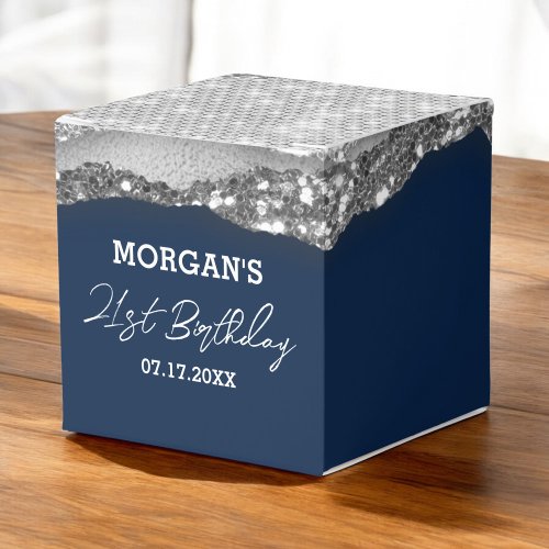 Birthday Navy Blue Silver Glitter Name Thank You Favor Boxes