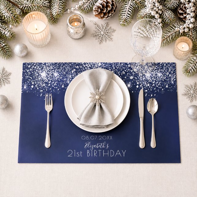 Birthday navy blue silver glitter paper placemat (Creator Uploaded)