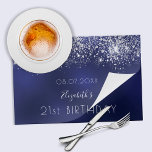 Birthday navy blue silver glitter paper placemat<br><div class="desc">A navy blue background with silver faux glitter dust. The blue color is uneven. Personalize and add a date,  name and age 21. The name is written with a modern hand letteres style script.</div>