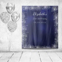 Happy Birthday Backdrop Banner, Navy Blue and Silver Glitter Birthday Party