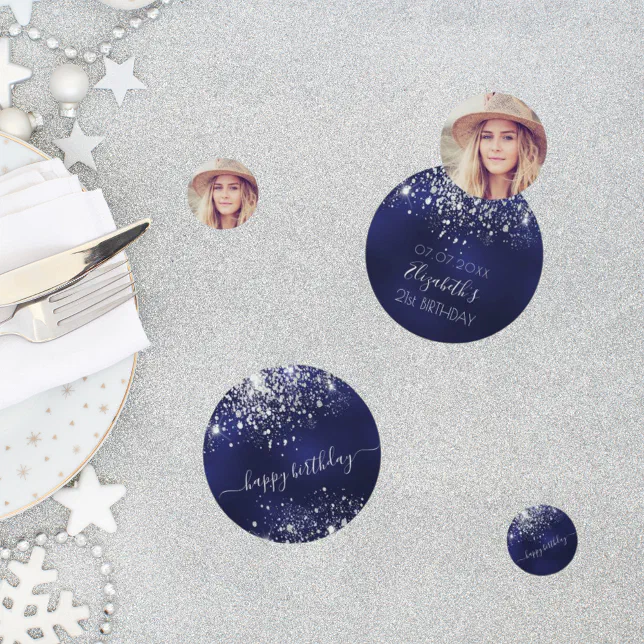 Birthday navy blue silver glitter photo confetti | Zazzle