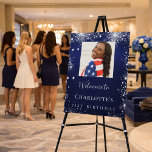Birthday navy blue silver glitter photo welcome  foam board<br><div class="desc">A welcome board for a girly and glamorous 21st (or any age) birthday party.  A navy blue background with elegant faux silver sparkles. The blue color is uneven.  Personalize and add a photo,  name and age 21.  White letters. 
Back: no design</div>