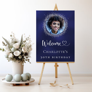 Birthday navy blue silver glitter photo welcome foam board
