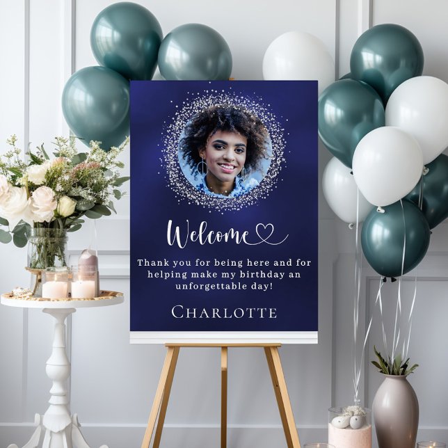 Birthday navy blue silver glitter photo welcome foam board (Creator Uploaded)